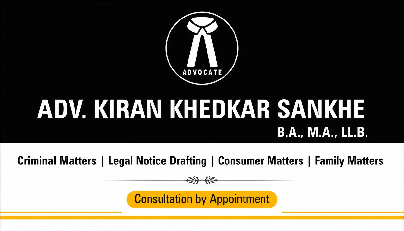 Front side of digital visiting card for Adv. Kiran Khedkar Sankhe
